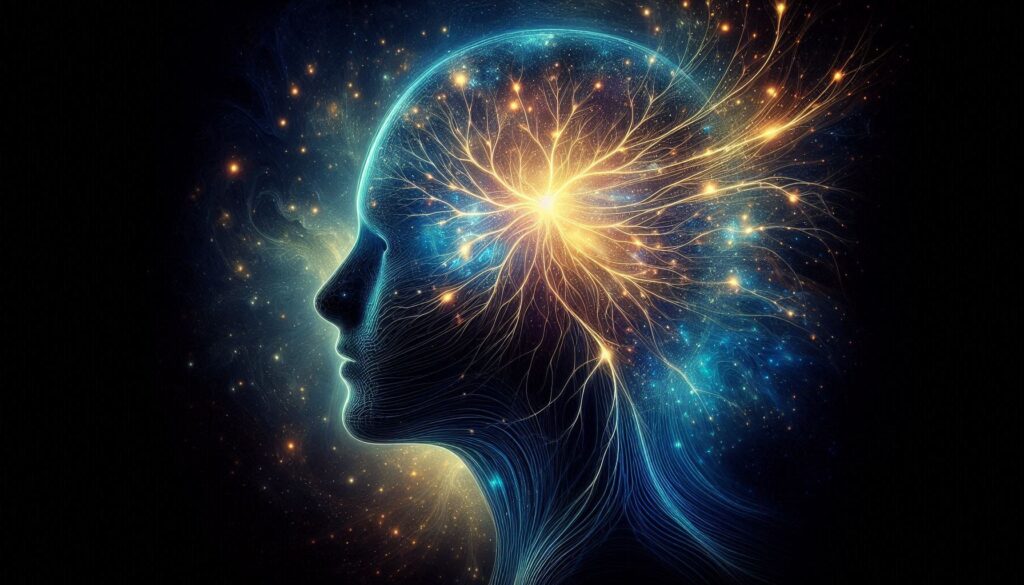 a human silhouette profile, inside the head is a cosmic universe with neural connections forming a t (1)