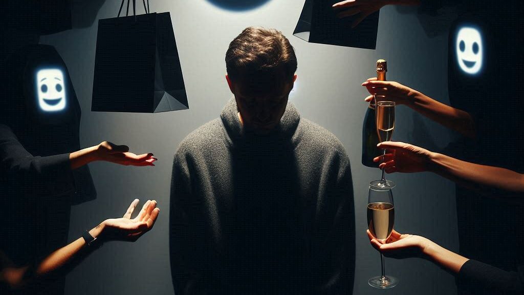 a person in the center, looking overwhelmed and small, while shadowy figures surround them offering