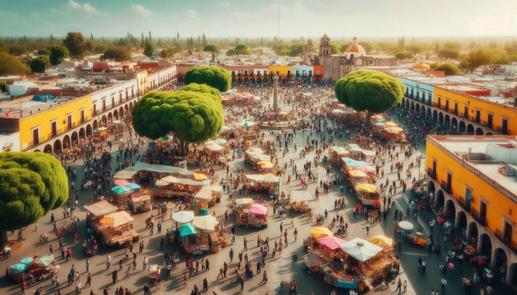 a vibrant, bustling aerial drone shot of a traditional mexican town plaza (zocalo) full of life pe